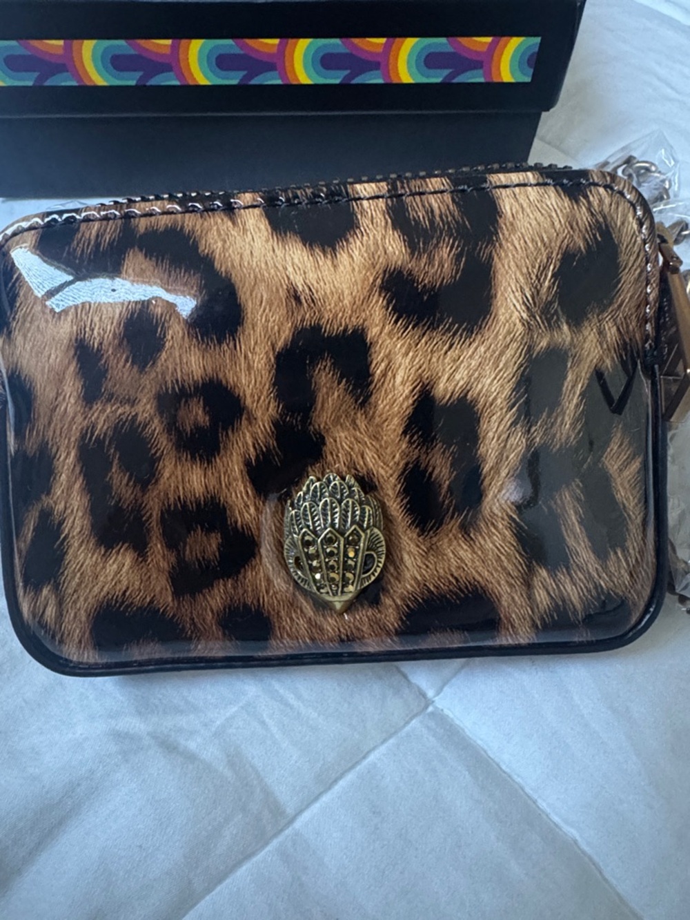 Kurt Geiger Leopard Print Patent Crossbody Bag in Brown and Black NWT